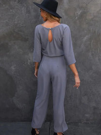 Women&#39;s Tie Belt Jumpsuit With Wide Legs And ¾ Sleeves