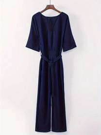 Women&#39;s Tie Belt Jumpsuit With Wide Legs And ¾ Sleeves