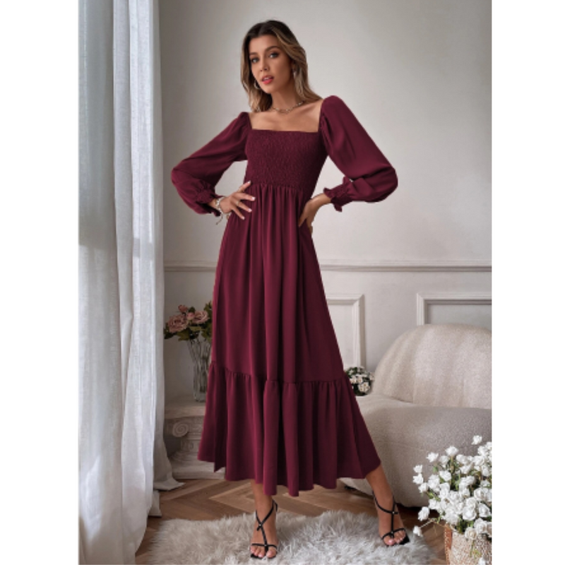 Women&#39;s Transitional Dress With Florentine Neckline And Long Sleeves