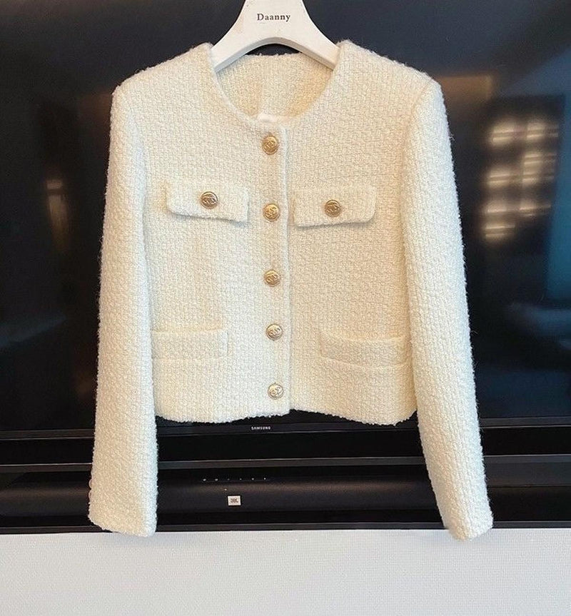 Women&#39;s Tweed Jacket With Round Neckline And Button Placket