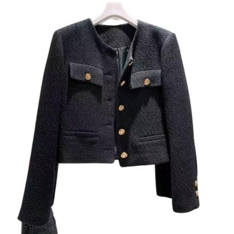 Women&#39;s Tweed Jacket With Round Neckline And Button Placket