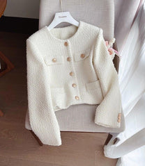 Women&#39;s Tweed Jacket With Round Neckline And Button Placket