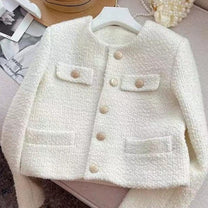 Women&#39;s Tweed Jacket With Round Neckline And Button Placket