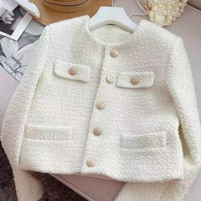 Women&#39;s Tweed Jacket With Round Neckline And Button Placket
