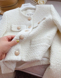 Women&#39;s Tweed Jacket With Round Neckline And Button Placket