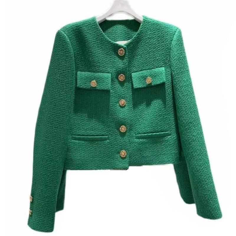 Women&#39;s Tweed Jacket With Round Neckline And Button Placket