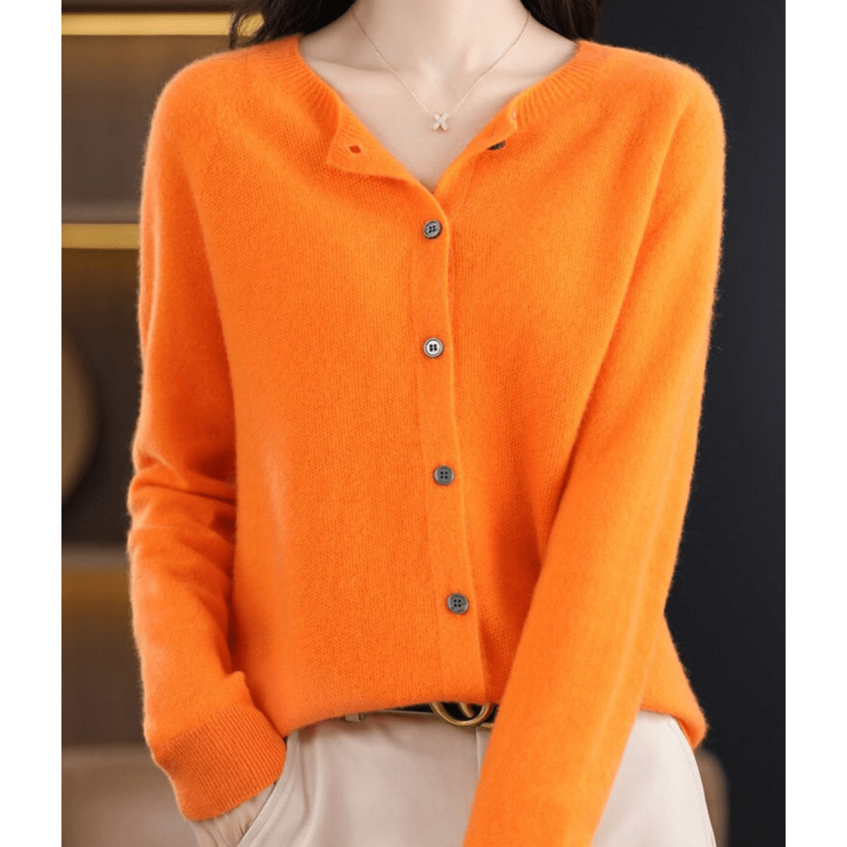 Women&#39;s V-Neck Cardigan Pullover With Button Details