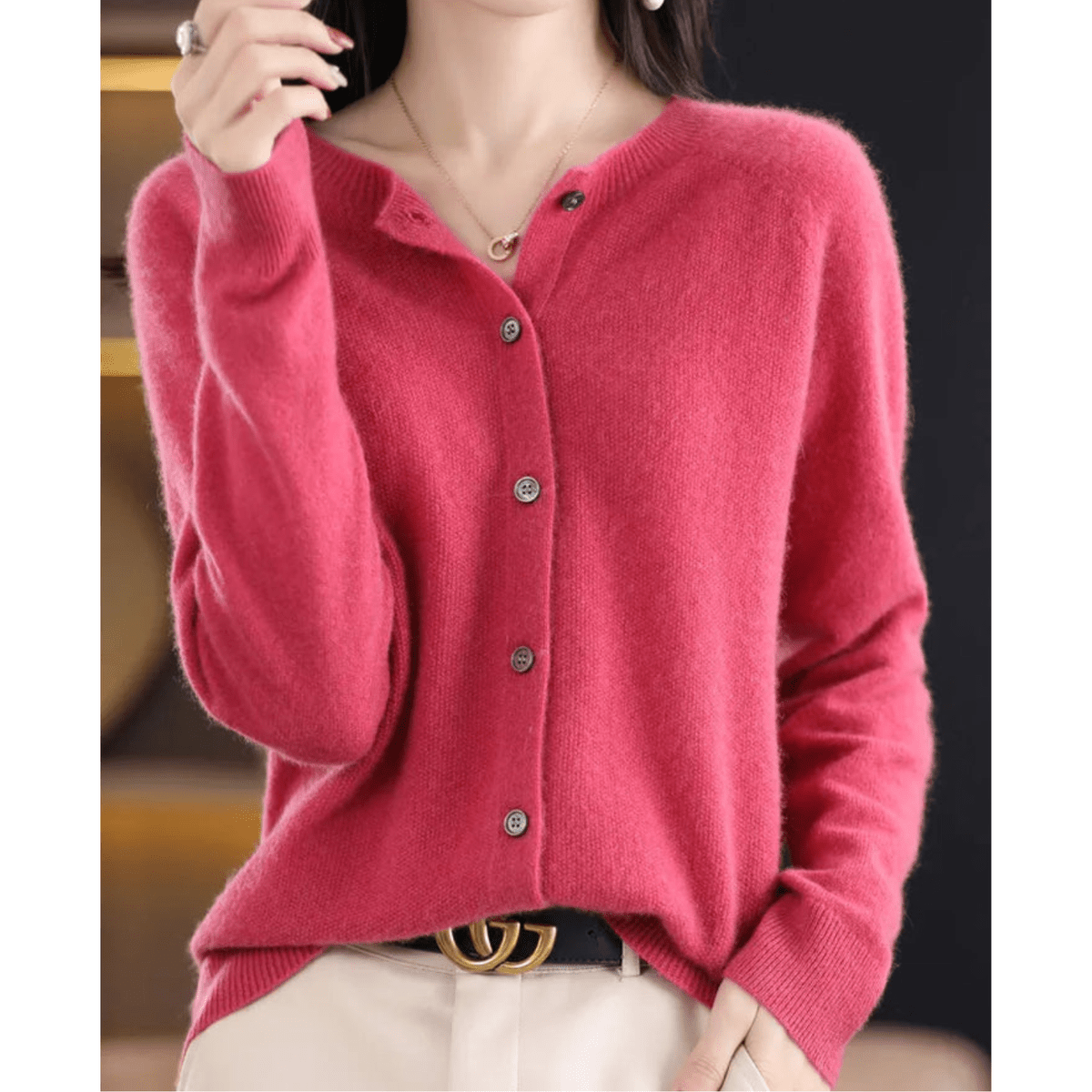 Women&#39;s V-Neck Cardigan Pullover With Button Details