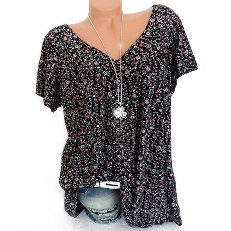 Women&#39;s V-Neck Floral Short Sleeve Shirt