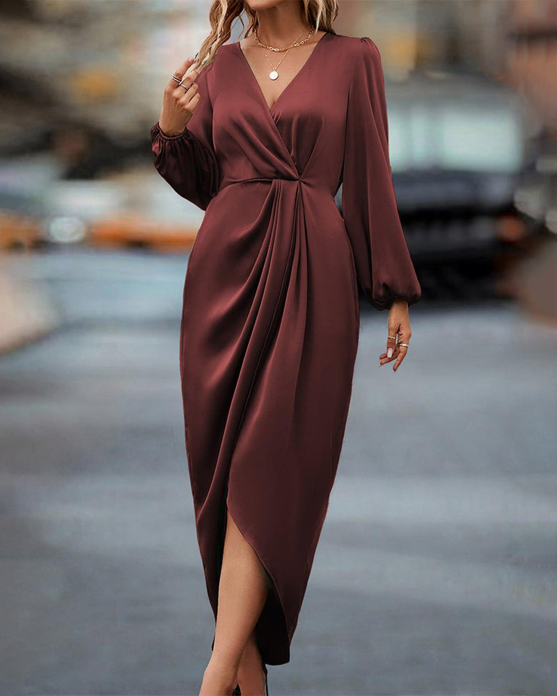 Women&#39;s V-Neck Lantern Sleeve Dress