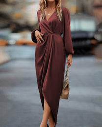 Women&#39;s V-Neck Lantern Sleeve Dress