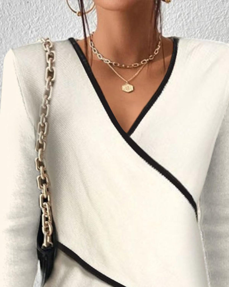Women&#39;s V-Neck Wrap Pullover Sweater with Long Sleeves