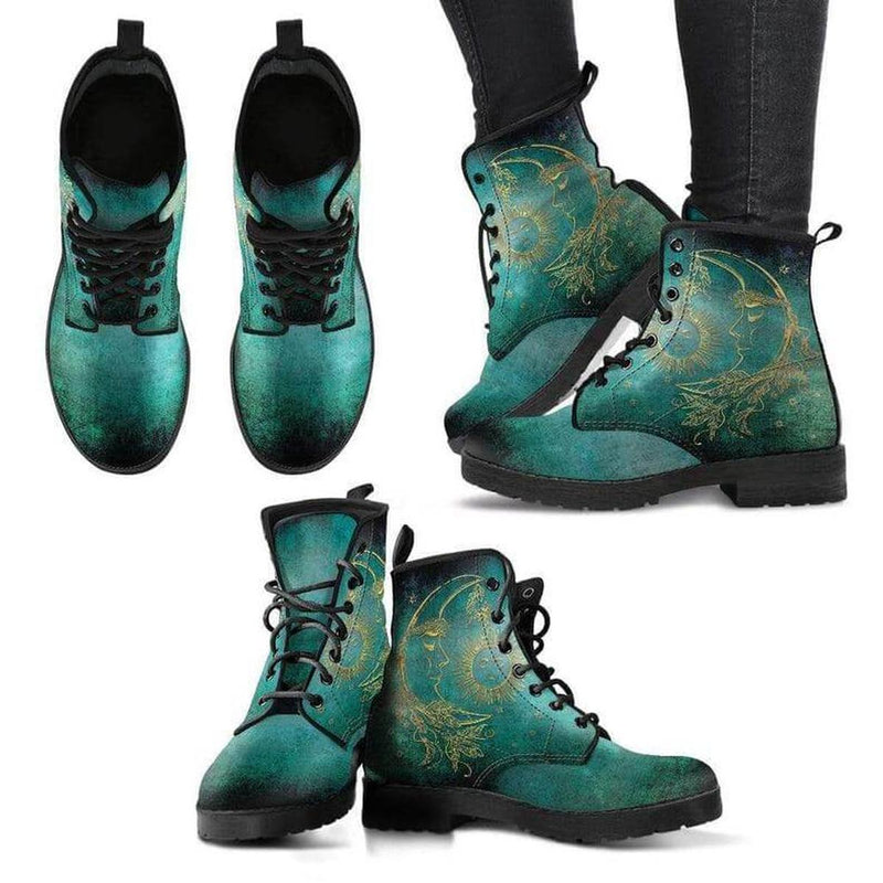 Women&#39;s Vegan Leather Ankle Boots With Sun And Moon Motif