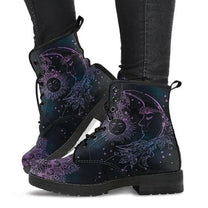 Women&#39;s Vegan Leather Ankle Boots With Sun And Moon Motif