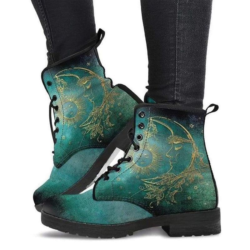 Women&#39;s Vegan Leather Ankle Boots With Sun And Moon Motif