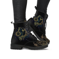 Women&#39;s Vegan Leather Ankle Boots With Sun And Moon Motif
