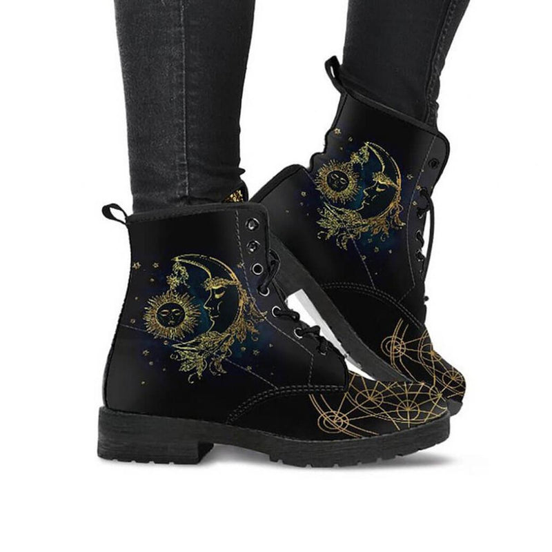 Women&#39;s Vegan Leather Ankle Boots With Sun And Moon Motif