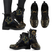 Women&#39;s Vegan Leather Ankle Boots With Sun And Moon Motif