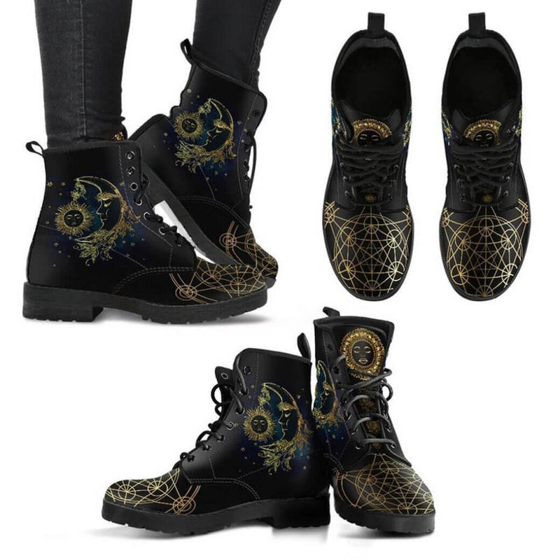 Women&#39;s Vegan Leather Ankle Boots With Sun And Moon Motif