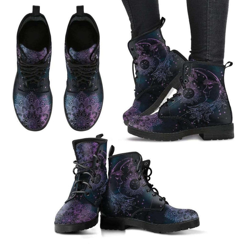 Women&#39;s Vegan Leather Ankle Boots With Sun And Moon Motif