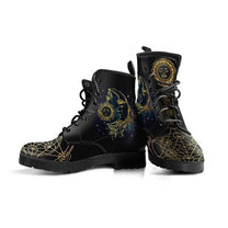Women&#39;s Vegan Leather Ankle Boots With Sun And Moon Motif