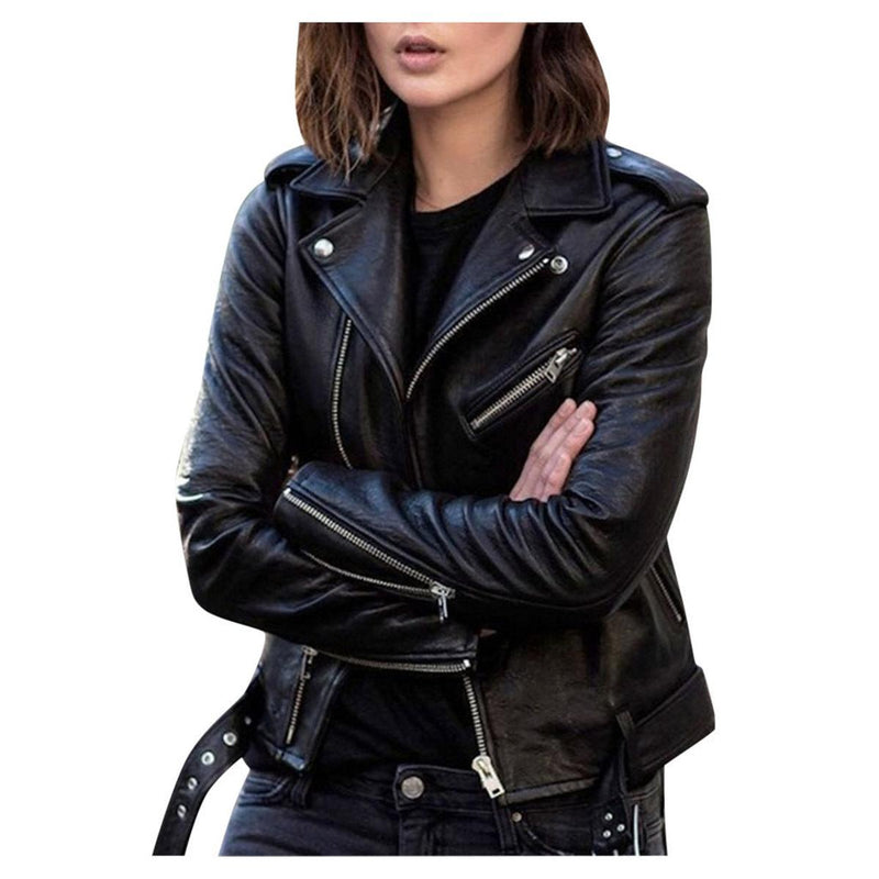 Women&#39;s Vintage Faux Leather Jacket With Zipper Closure
