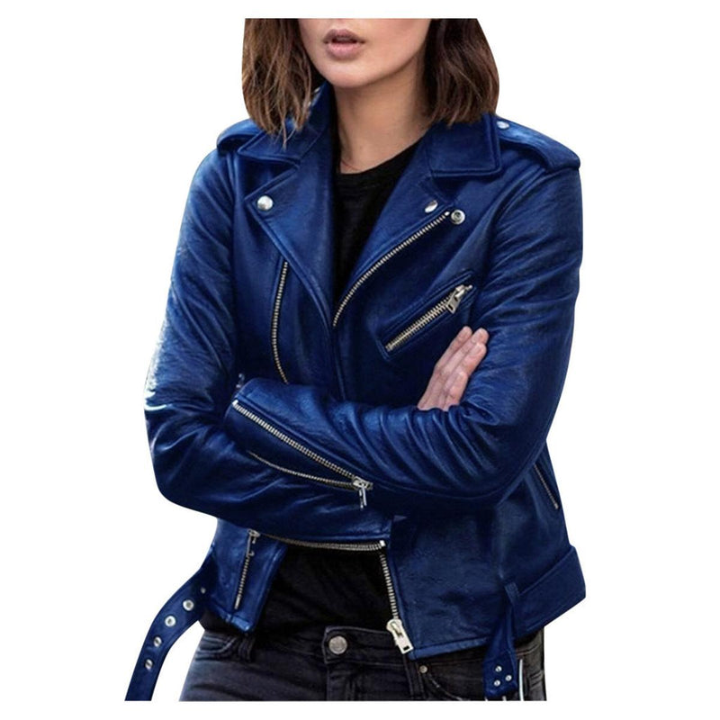 Women&#39;s Vintage Faux Leather Jacket With Zipper Closure