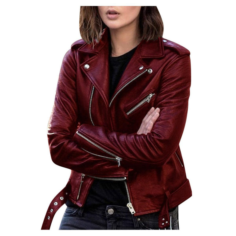 Women&#39;s Vintage Faux Leather Jacket With Zipper Closure