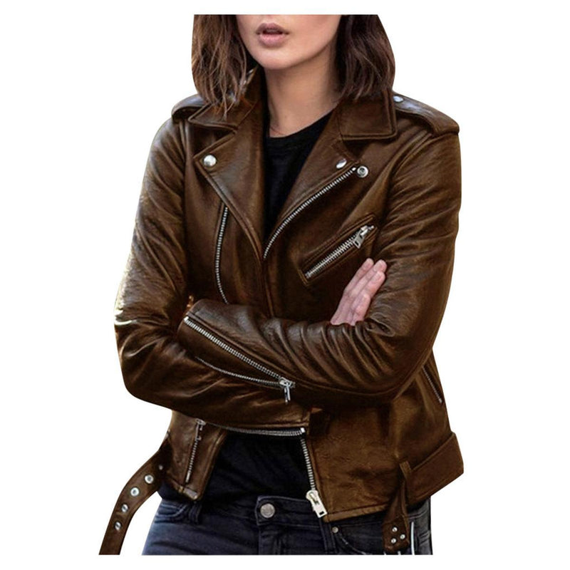 Women&#39;s Vintage Faux Leather Jacket With Zipper Closure
