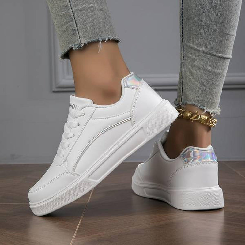 Women&#39;s White Leather Sneakers With Metallic Accents