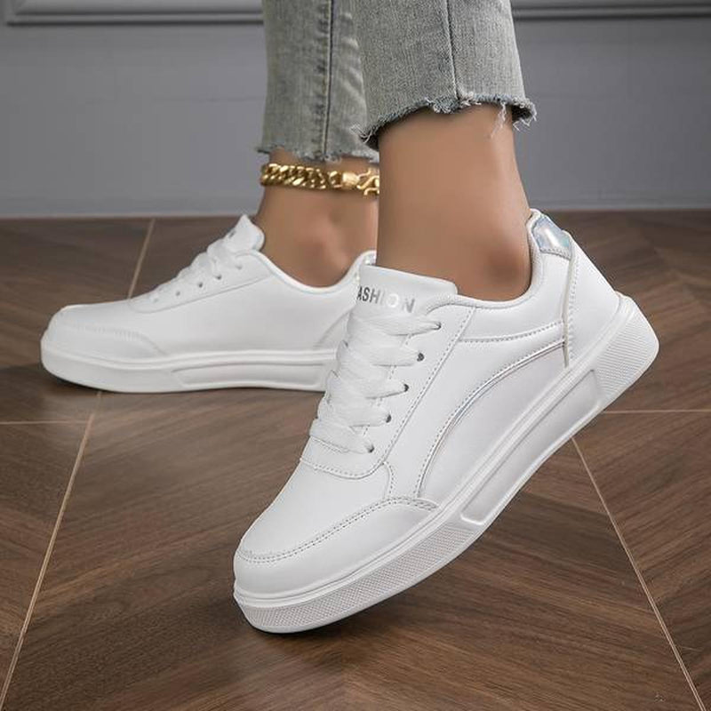 Women&#39;s White Leather Sneakers With Metallic Accents