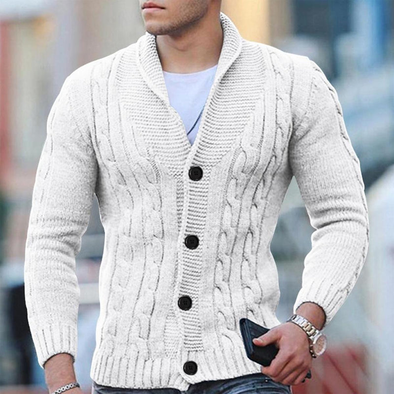 Wool Blend Cable Knit Cardigan With Shawl Collar