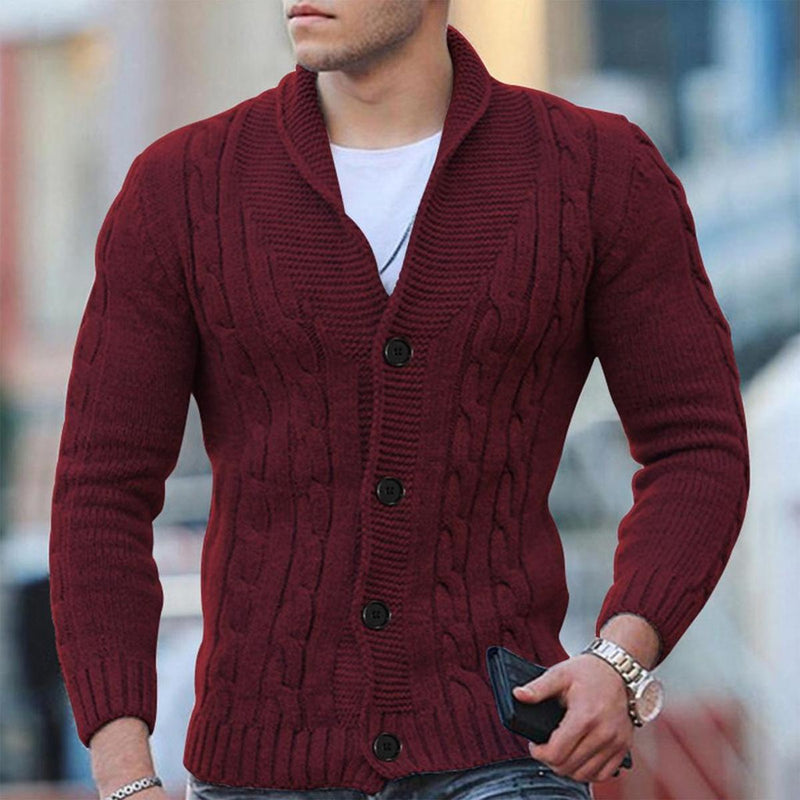 Wool Blend Cable Knit Cardigan With Shawl Collar