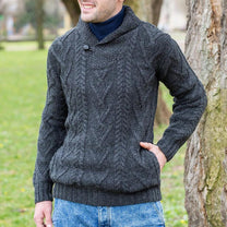 Wool Blend Cable Knit Sweater With Shawl Collar