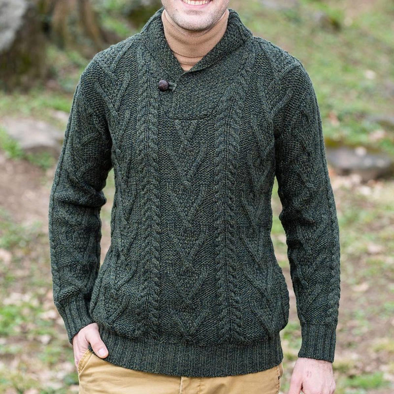 Wool Blend Cable Knit Sweater With Shawl Collar