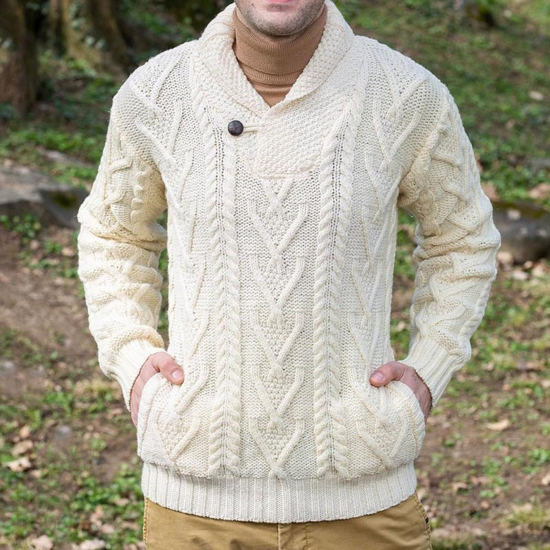 Wool Blend Cable Knit Sweater With Shawl Collar