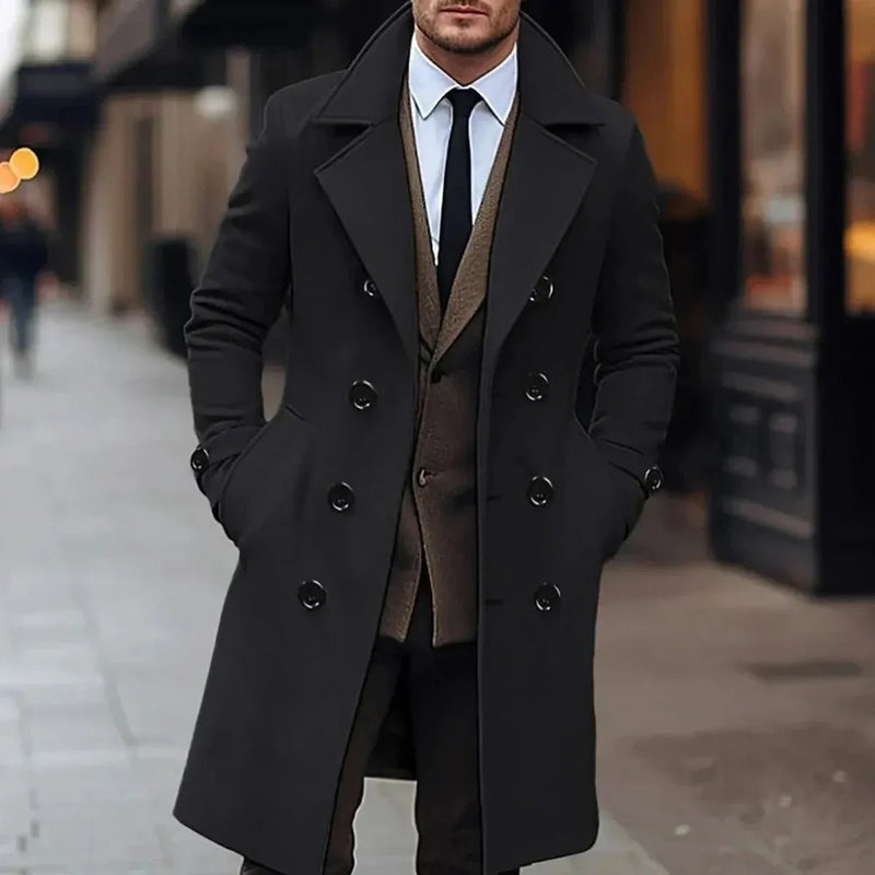 Wool Blend Double-Breasted Overcoat for Men