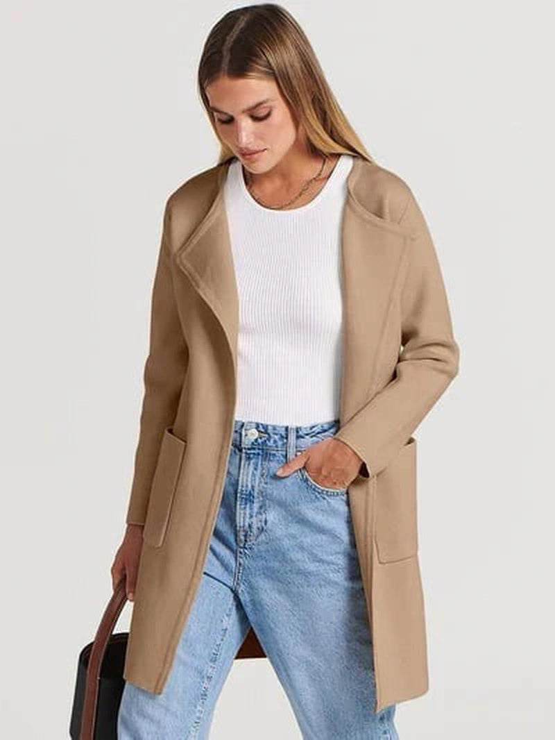 Wool Blend Knee-Length Coat With Wide Lapel