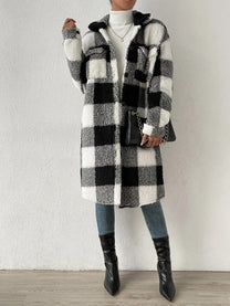 Wool Blend Plaid Jacket With Plush Collar