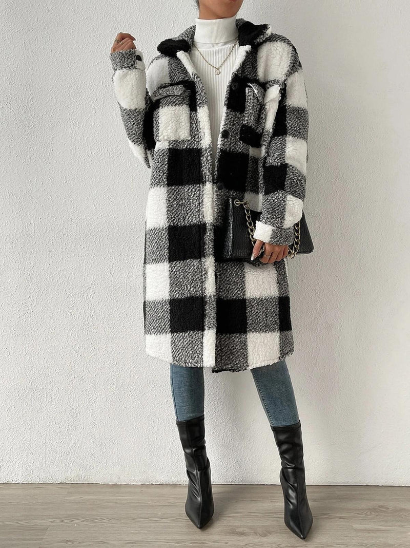 Wool Blend Plaid Jacket With Plush Collar