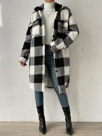 Wool Blend Plaid Jacket With Plush Collar