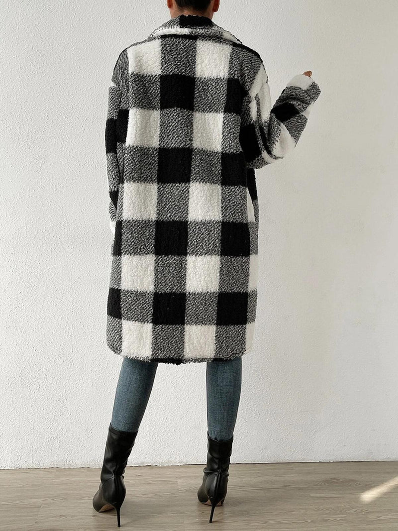 Wool Blend Plaid Jacket With Plush Collar