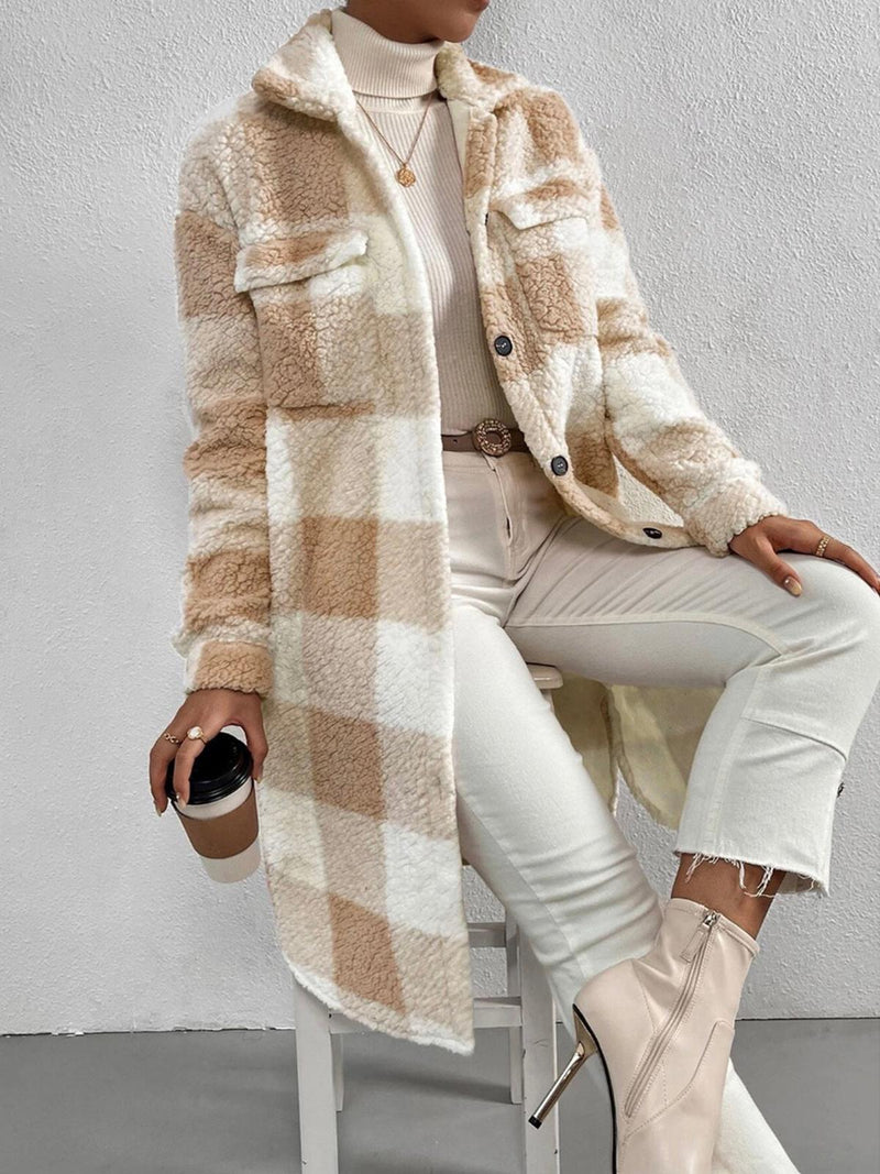Wool Blend Plaid Jacket With Plush Collar