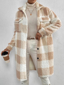 Wool Blend Plaid Jacket With Plush Collar