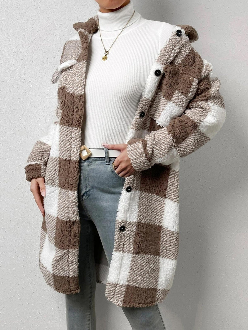 Wool Blend Plaid Jacket With Plush Collar