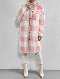 Wool Blend Plaid Jacket With Plush Collar