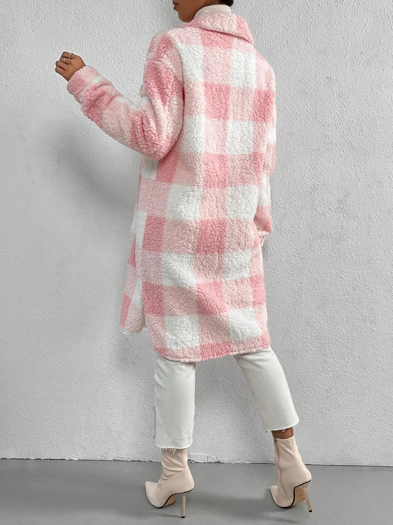 Wool Blend Plaid Jacket With Plush Collar