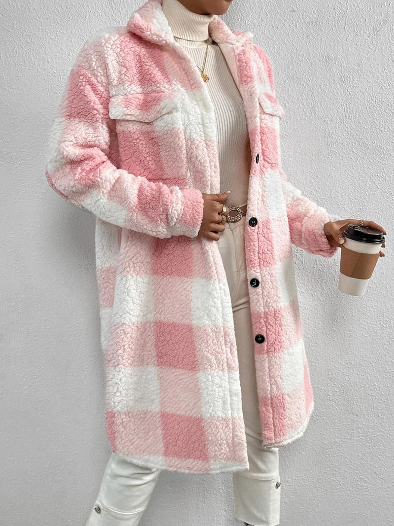 Wool Blend Plaid Jacket With Plush Collar