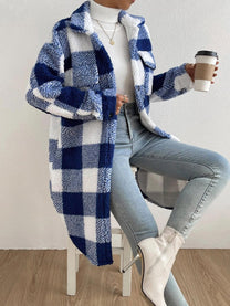 Wool Blend Plaid Jacket With Plush Collar