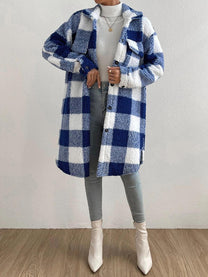 Wool Blend Plaid Jacket With Plush Collar